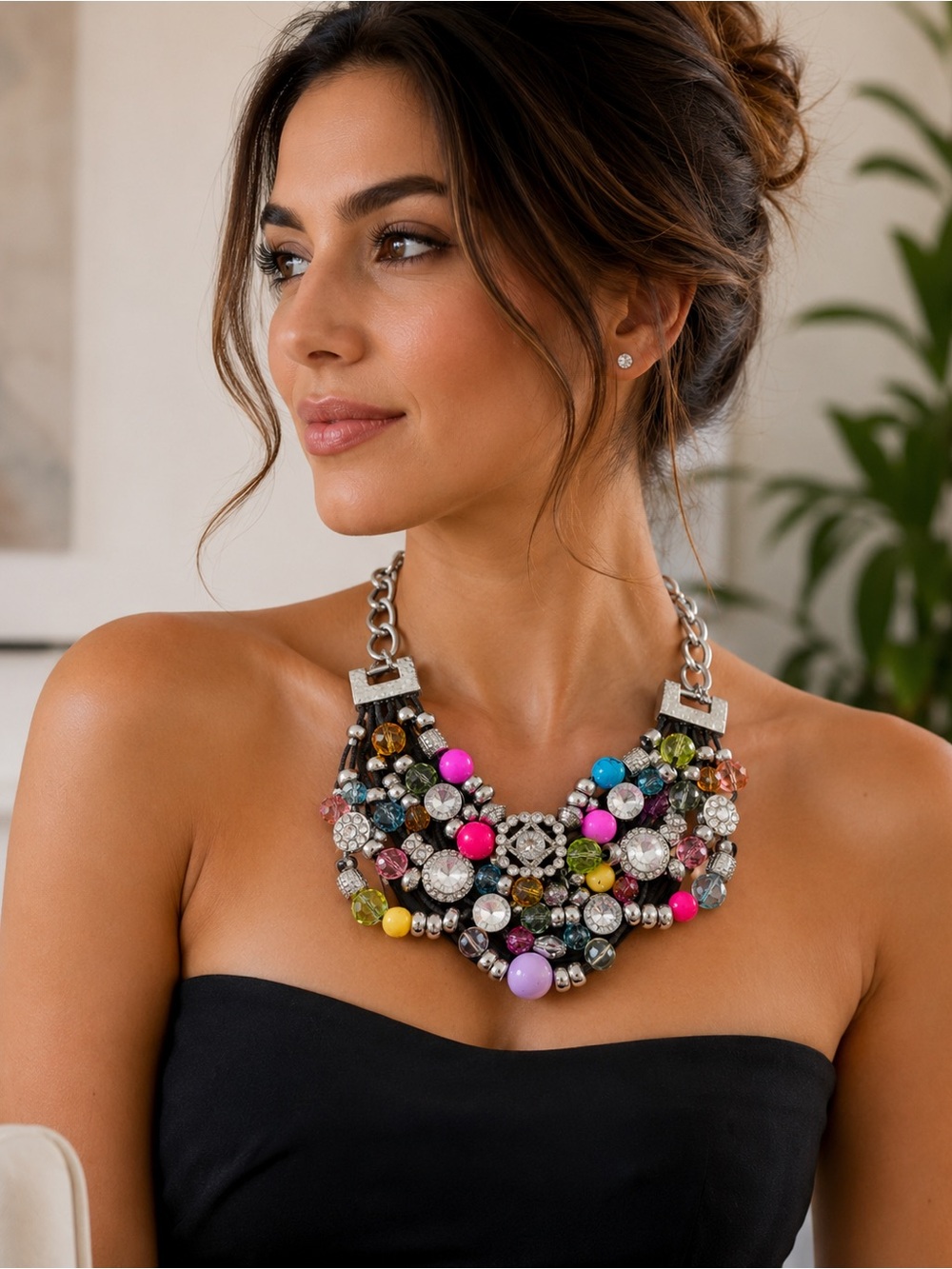 Bold Statement Necklace – Multicolor Crystal & Beaded Bib Necklace
